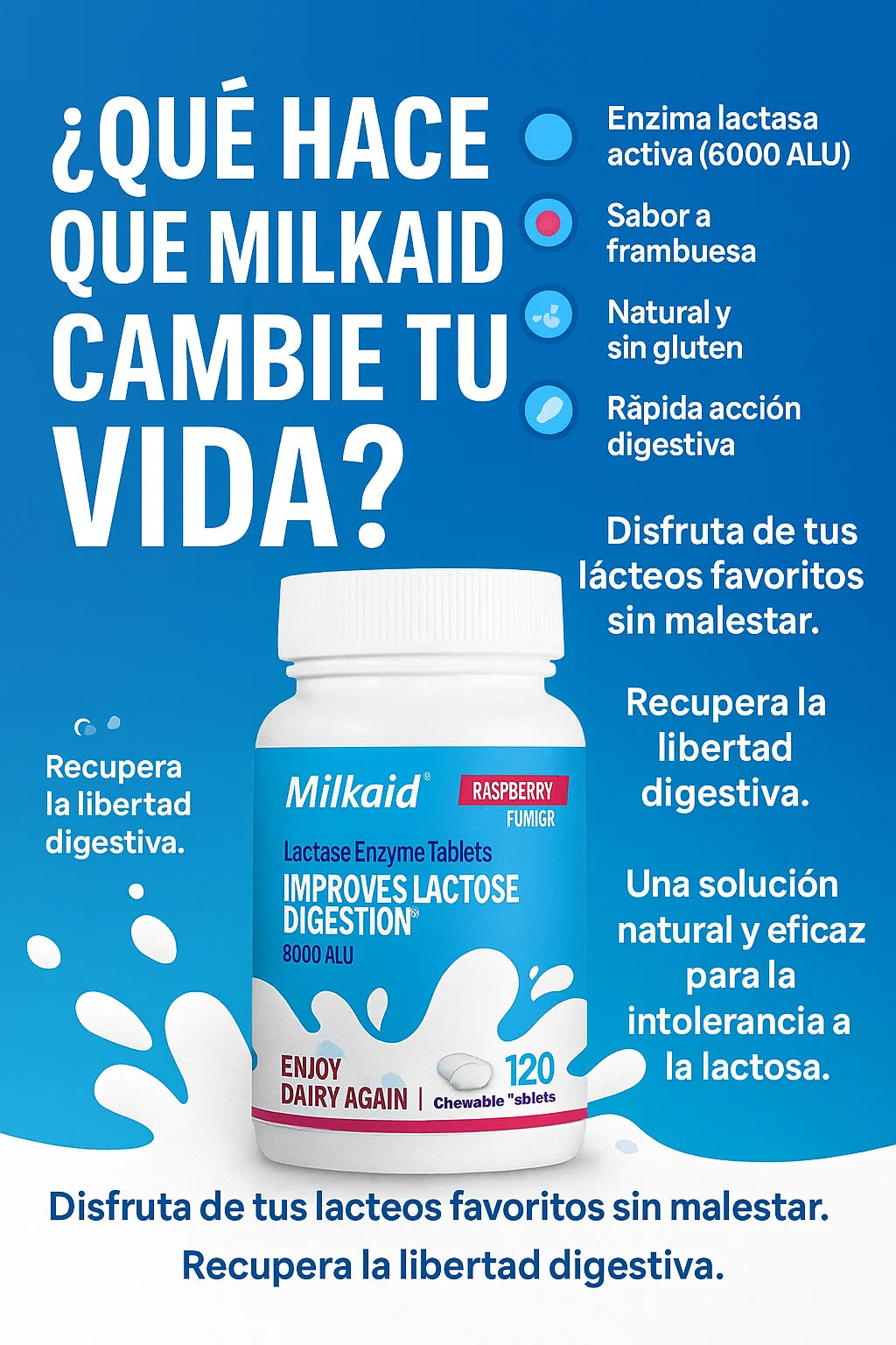 Milkaid Lactase Enzyme - Alivio de la Intolerancia a La Lactosa Previniendo esa Hinchazón