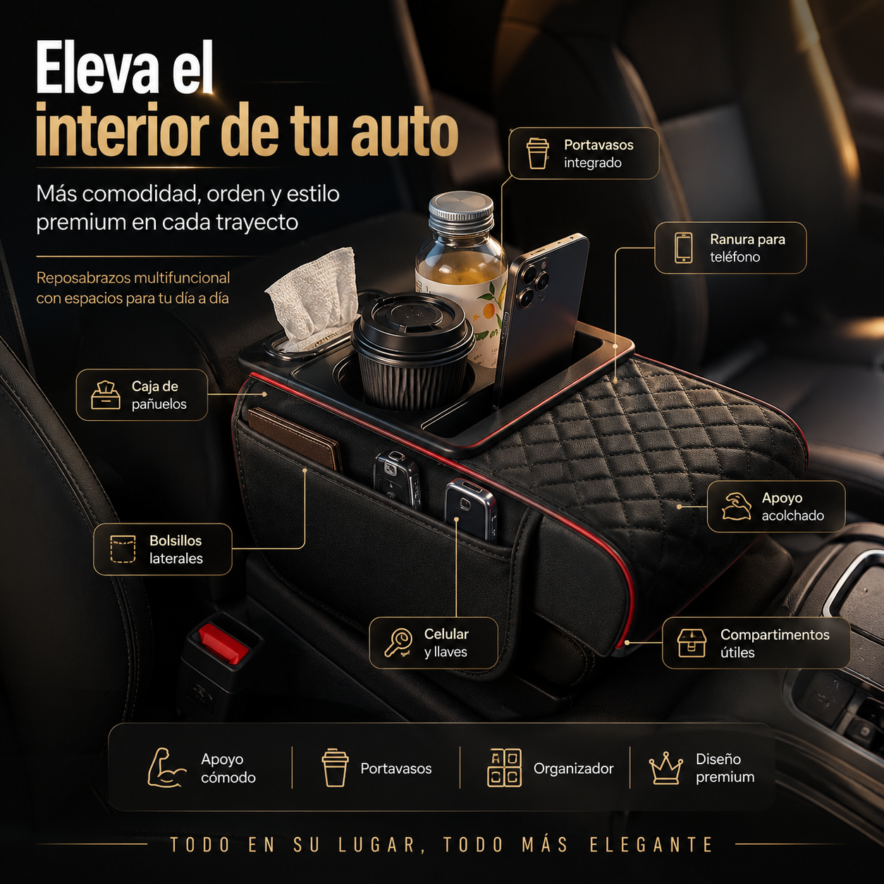 REPOSABRAZOS MULTFUNCIONAL EN CUERO PAR AUTO 🥤🚘✨